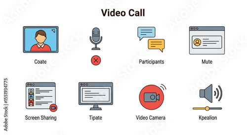 Illustration showing video call icons including screen sharing mute and video camera functions in a meeting app