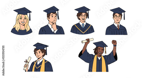 Illustration of diverse graduates in caps and gowns celebrating their academic achievements shown here