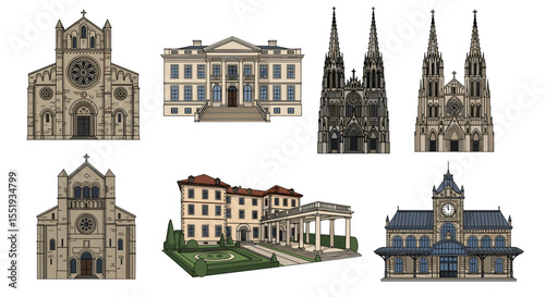 Collection of architectural buildings including churches mansions and a clock tower illustration