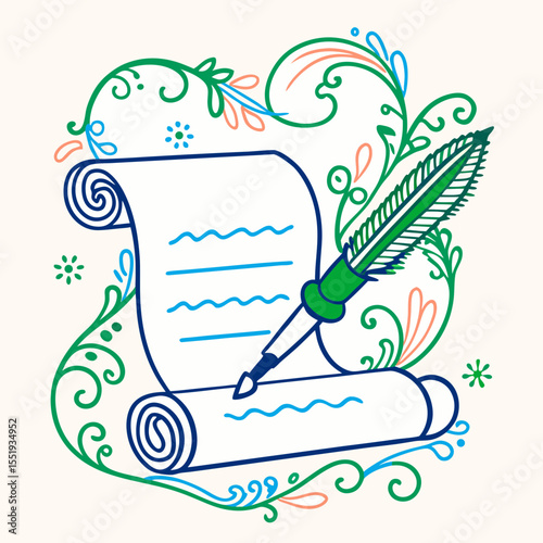 Ink pen and scroll with decorative elements in vibrant colors  