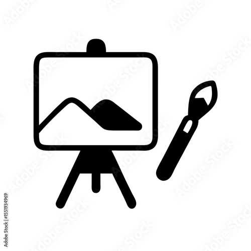 Black silhouette of painting easel with brush and canvas outdoors Concept of Hobby  