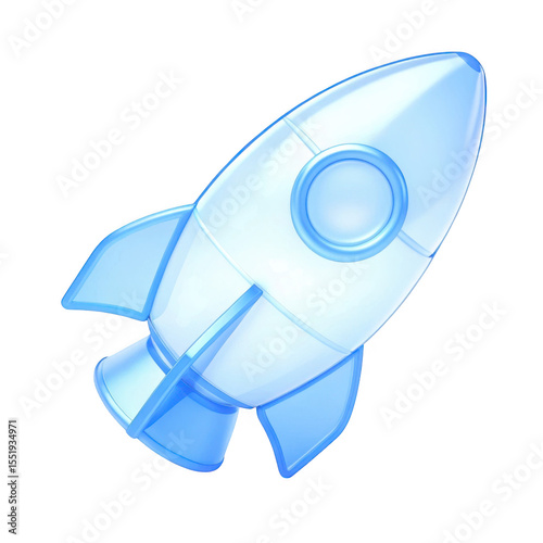 Shiny blue translucent rocket ship with fins and window isolated on transparent background