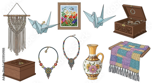 A collection of various decorative items including jewelry boxes and origami cranes displayed together