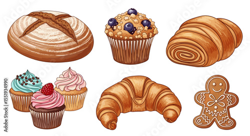 A collection of baked goods including bread muffins croissants and a gingerbread man illustration art style