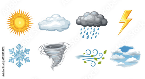Illustration showcasing various weather conditions including sun cloud rain and wind elements neatly arranged