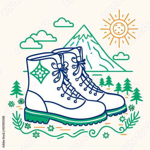 Hiking boots with mountain scenery and sun in nature concept of hobby  