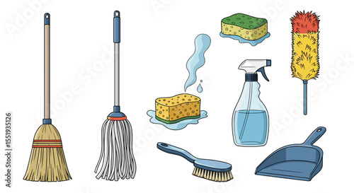 Illustration of various cleaning supplies including brooms, mops, sponges, and spray bottle items set