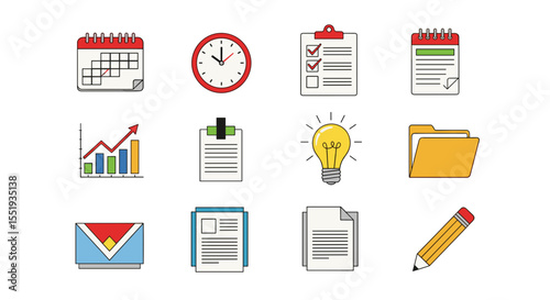 Illustration of office elements including calendar, clock, graph, light bulb, and stationery items