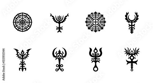 Collection of eight unique black abstract symbols and emblems on a white background in a flat layout