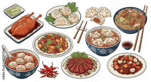 Illustration of various chinese dishes including peking duck dumplings and noodles with chopsticks placed