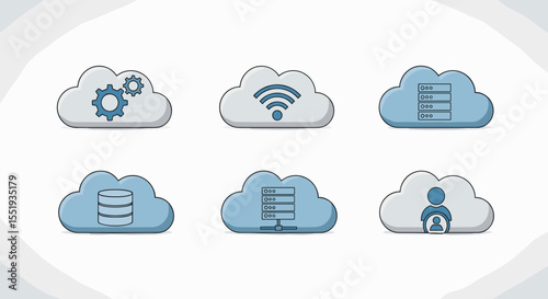 Illustration of cloud computing icons representing settings wifi database server and user management features 100