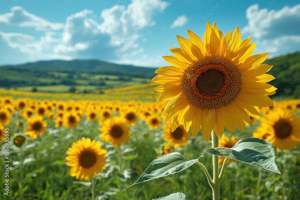 Fototapeta premium Field of sunflowers under a clear blue sky.