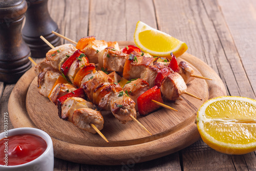 Delicious grilled chicken skewers with capsicum, lemon, salad and ketchup on a plate over the table. Chicken kebab. Healthy food concept.