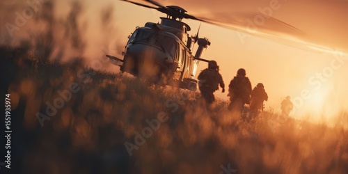 Special Forces Unit Charging Toward Military Helicopter at Sunset