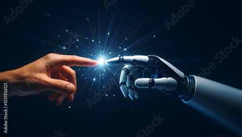 A human hand and a robotic hand reach toward each other, connecting at a glowing point of light, symbolism of humanity and technology