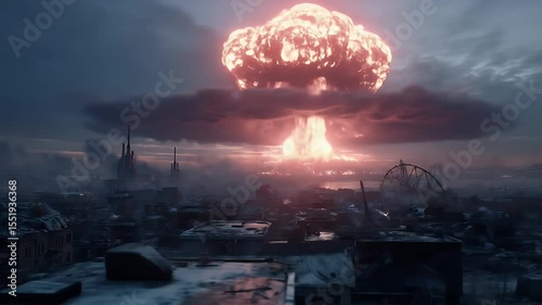 Mushroom Cloud Over Destroyed City Skyline with Collapsed Buildings, Glowing Fireball and Reddish Gray Clouds in a Post-Apocalyptic Urban Landscape