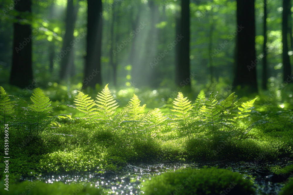 Fototapeta premium Sunlight filtering through a moss-covered forest floor.