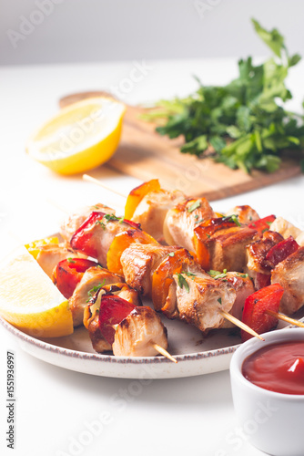 Delicious grilled chicken skewers with capsicum, lemon, salad and ketchup on a plate over the table. Chicken kebab. Healthy food concept.