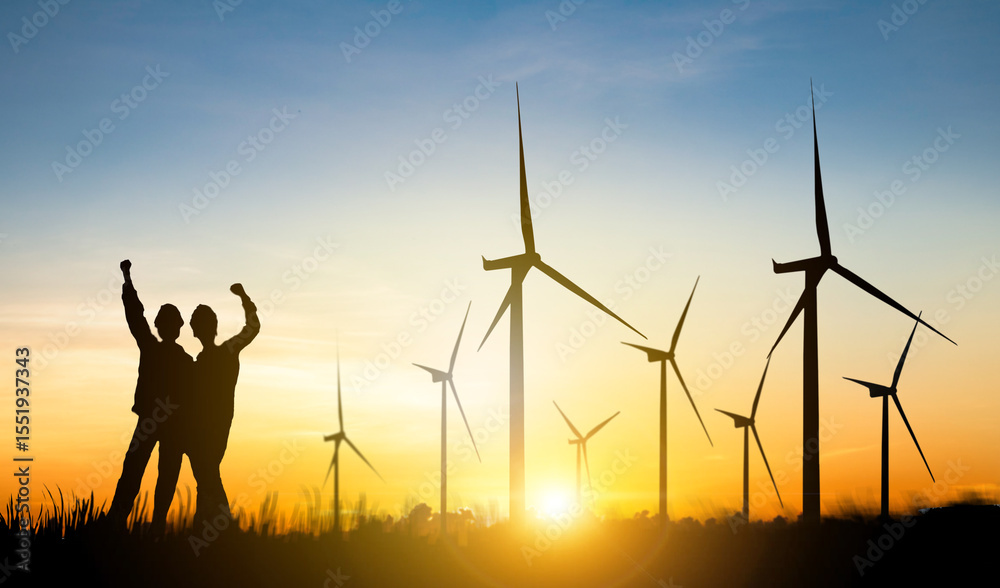 © ฺฺฺBoonterm - Silhouette two female engineers working outdoors wind turbine power station raising their fists to the sky in joy at the start of work in the morning at sunrise amidst a beautiful windmill field.