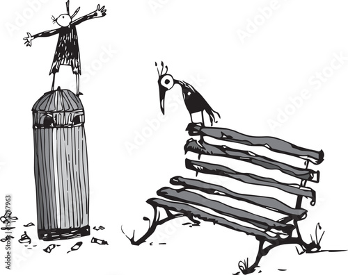 Neglected city illustration – surreal characters, trash can and broken bench