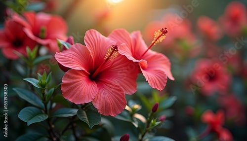 Red Hibiscus Flower in Garden