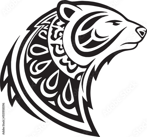 Ornamental bear head with intricate tribal patterns and layered design—great for tattoo lovers or cultural graphic themes.