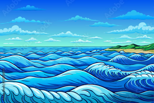 calm sea under an amazing, blue sky vector perfect for serene nature scenes, ocean art, backgrounds, and peaceful travel themed designs