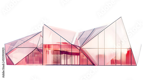 Geometric building with glass facade and pinkish interior viewable on transparent background png