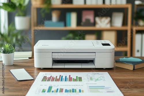 Photo of a printer printing graphs and charts on paper, with an office desk in the background.