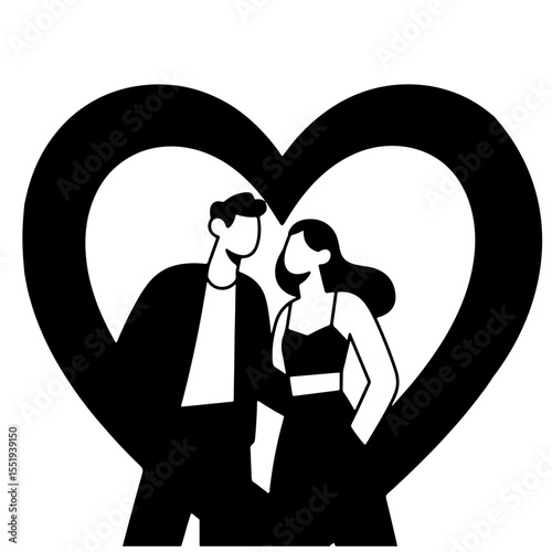 Black and white illustration of a couple in love within a heart shape design.