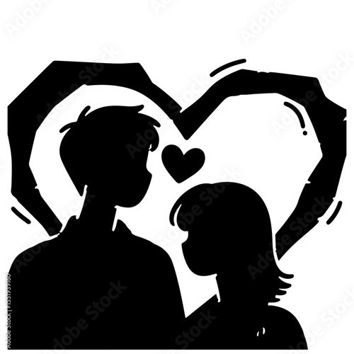 Silhouette illustration of a couple with a heart above their heads, symbolizing love and romance in black.