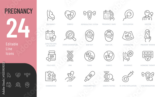 Pregnancy Editable Icons set. Vector illustration in modern thin line style of motherhood related icons: fertility, hormone therapy, medical examination, and more. Isolated on transparent background.