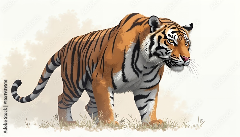 Obraz premium Orange tiger with black stripes walking on grass