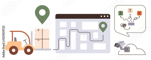Forklift moving boxes, warehouse map with route tracking, GPS pins, security camera, and decision-making interface. Ideal for logistics, delivery, monitoring, supply chain safety technology