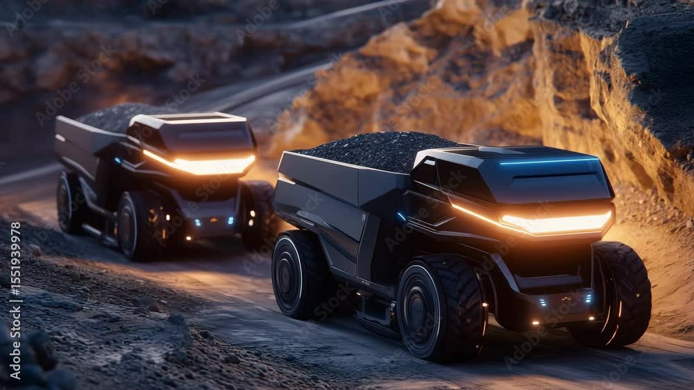 Two autonomous trucks loaded with coal navigate a rough path in a mining area during daylight hours