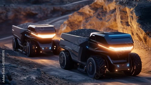 Two autonomous trucks loaded with coal navigate a rough path in a mining area during daylight hours