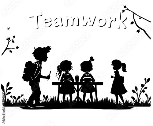 children teamwork silhouette outdoor learning scene
