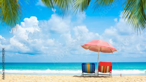 A tranquil tropical beach scene with empty chairs under a red umbrella facing the ocean, perfect for themes of vacation, rest, or coastal relaxation.
