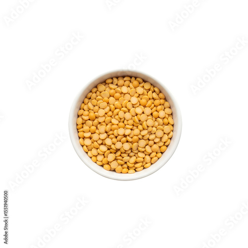 A white bowl filled with bright yellow split peas shown from a top down perspective isolated on transparent background