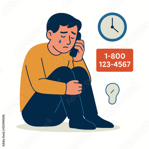Emergency Hotline for Psychological Help During War – Flat Vector Illustration with Emotional Expression