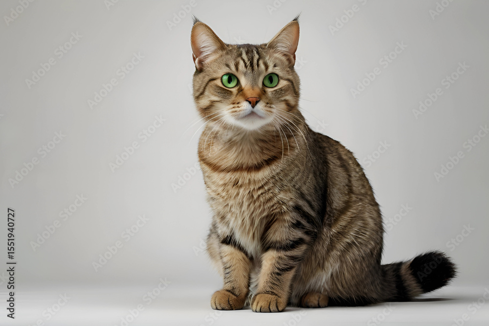 Fototapeta premium Cute tabby cat with green eyes, Adorable domestic cat portrait, Fluffy cat looking alert, Green-eyed cat on studio background, Calm pet cat posing AI photo.