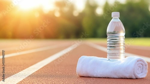 Hydration and Fitness: A refreshing bottle of water rests beside a clean rolled towel on a vibrant running track, embodying preparation and wellness.