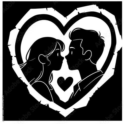 Black and white silhouette illustration of couple in love inside heart shape