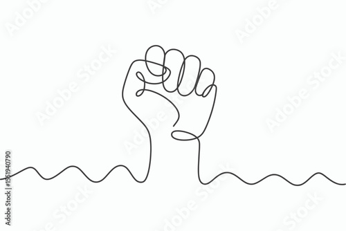 Abstract single line drawing of a clenched fist raised in protest against a white background