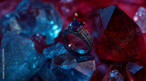 Elegant silver ring with a red gemstone centerpiece displayed on vibrant red and blue crystals, luxury jewelry concept.