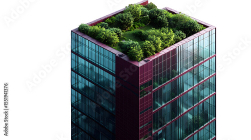 Aerial view of a modern building with a green roof garden design on transparent background png