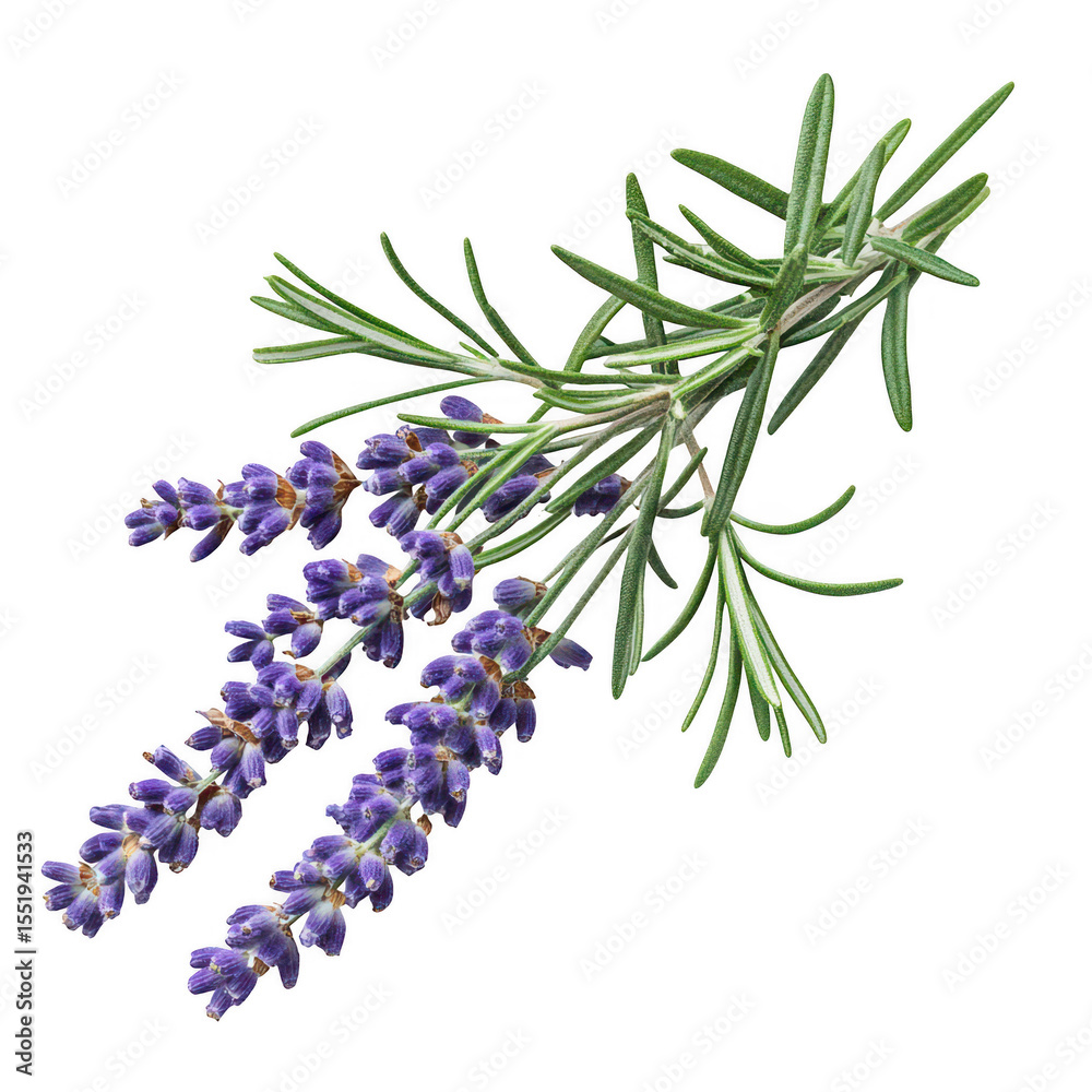Naklejka premium Three sprigs of lavender with green leaves, angled on transparent background