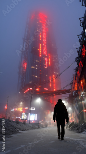 Silhouette of person walking on snowy street toward tall futuristic building with glowing red neon lights in evening fog.