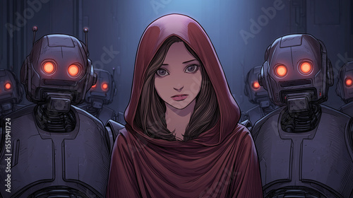 Mysterious woman in a red hood surrounded by robots with glowing eyes in a futuristic, dark environment