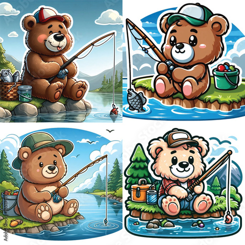 Cute cartoon bear fishing by a lake, joyful expressions in a scenic outdoor setting
